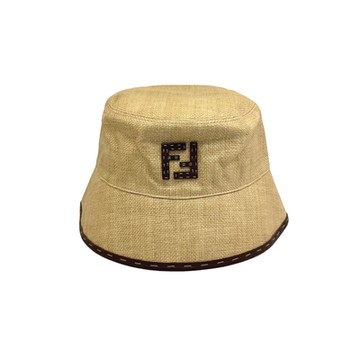FENDI  雙FF LOGO草編拚小羊皮漁夫帽(卡其)
