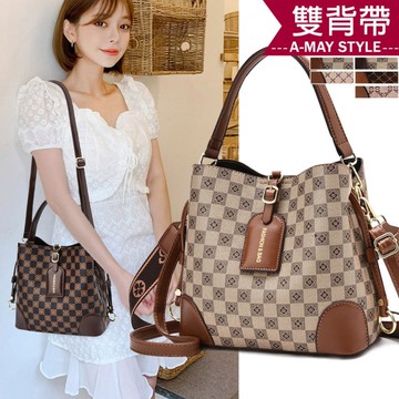 斜背包 時尚格紋雙背帶肩背水桶包