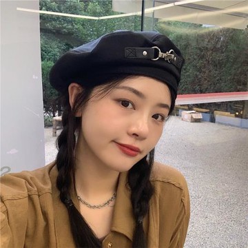 可鹽可甜~金屬扣機能風時髦ins黑色貝雷帽女春夏英倫畫家帽秋季潮