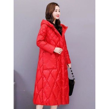 秋冬新款紅色連帽羽絨棉衣女中長款修身棉服中年媽媽大碼棉襖外套