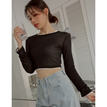 AIR SPACE LADY 透膚針織長袖圓領短版上衣(5色) 女裝 現貨