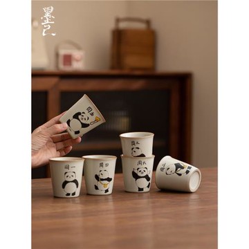 墨己茶杯純手繪可愛熊貓陶瓷可樂杯創意茶杯文字汝窯主人杯可開片