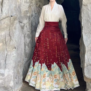 【藏山青】明制印花改良飛機袖 國風馬面裙 漢服女 秋冬日常通勤 日常漢服 裙 馬面裙改良 漢服女改良