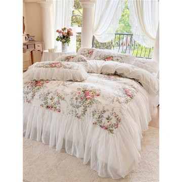 法式浪漫純棉四件套100全棉田園公主風蕾絲荷葉邊被套碎花床裙款4