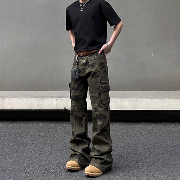 緊身直筒顯高長褲男新款美式復古vibe微喇迷彩工裝褲男