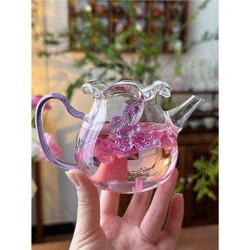 蝴蝶花口玻璃茶壺耐熱泡茶器家用簡約帶過濾小茶壺功夫茶具公道杯