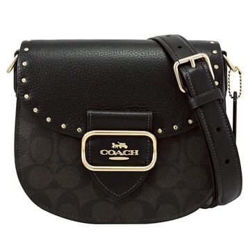 COACH CE567 鉚釘飾印花皮革斜背馬鞍包.深咖/黑