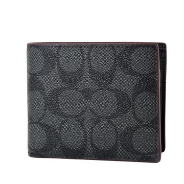COACH 男款 滾色邊緹花LOGO防刮皮革短夾-灰黑色附證件夾