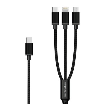 iBRIDGE 3合1 PD Type-C快速充電線 支援100W大功率 PD2.0 QC3.0快充 480Mbps高速傳輸 防纏繞抗拉繩  30cm  黑色  1條