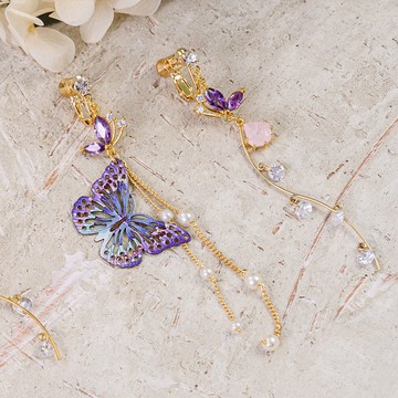 炫彩紫晶蝴蝶不對稱垂墜耳夾-B10234