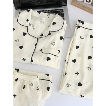 三件套韓版純棉睡衣女夏季云朵棉愛心短袖長褲春秋甜美少女家居服