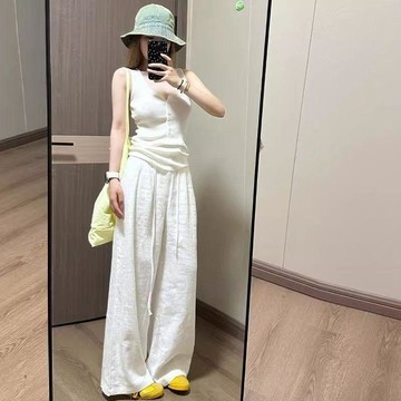 【冰絲闊腿褲】白色爆款闊腿褲女 夏季薄款 冰絲慵懶遛彎褲 高腰寬鬆顯瘦 直筒休閒褲 高腰闊腿褲