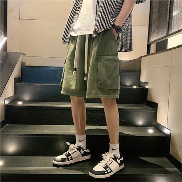 軍綠色工裝短褲男水洗復古美式高街褲子夏季五分褲直筒寬松休閑褲