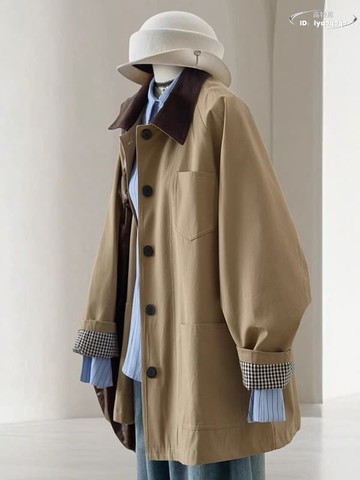 【店家優選】025新款經典撞色翻領單排扣中長款外套女