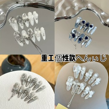 原創重工純手工穿戴甲片高級感秋冬季黑白手繪暈染美甲顯白長款假指甲貼片