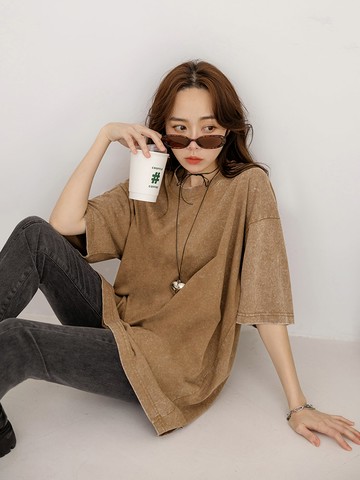 親膚純棉水洗刷色寬鬆長版上衣