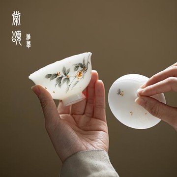 棠頌丨手工冰種白瓷手繪桂花薄胎蓋碗釉下彩中式泡茶碗茶杯高端
