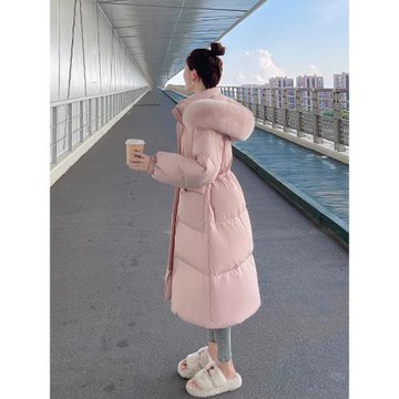 大毛領收腰抽繩白鴨絨羽絨服女2025冬中長款過膝加厚抗寒連帽外套