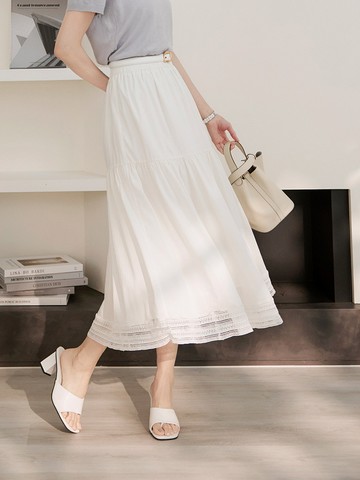 鬆緊腰頭拼接蕾絲蛋糕長裙