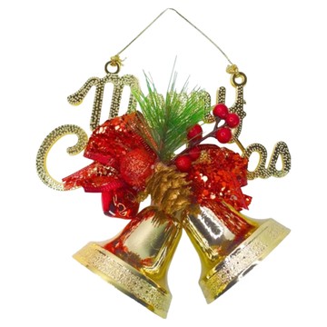 摩達客 精緻聖誕快樂英文字牌雙鐘吊飾 聖誕裝飾  6吋  紅色 + 金色  1個