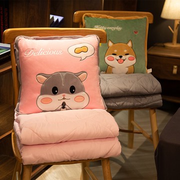 可愛倉鼠貓咪床上抱枕女生睡覺靠枕被空調被二合一靠墊被折疊被子