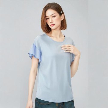 女士全棉薄款荷葉短袖 清新藍夏款女裝 柔軟薄棉寬松休閑小T恤