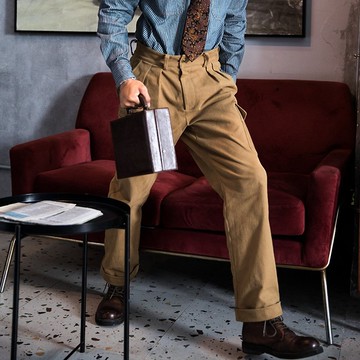 SOARIN美式復古重磅棉質雙褶直筒工裝褲(223F707)