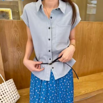 La Belleza韓版素色單口袋袖反折捲邊排釦造型上衣附腰帶