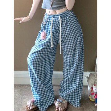 藍色格子褲女2025夏季新款中腰顯瘦垂感慵懶風寬松直筒遛彎闊腿褲