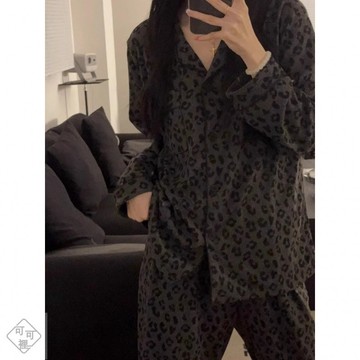 可可裡💥灰色豹紋德絨保暖睡衣女秋冬季年新款薄款韓版ins家居服套裝