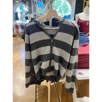 BrandyGirl美式復古條紋連帽bm針織衫女開衫拉鏈修身外套短款毛衣