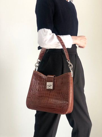 【VintageShop solo 日本直送中古包專賣店】CELINE 賽琳 肩背包 棕色 鎖頭設計 壓鱷魚紋皮革 vintage 古著 zaumvu