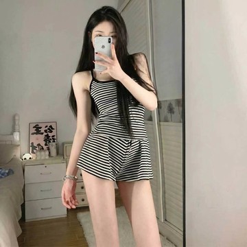 DUYI~台灣現貨🚀睡衣女 韓系ins風 黑白條紋 睡衣套裝 純欲 吊帶短褲 兩件式 修身顯瘦 帶胸墊居家服