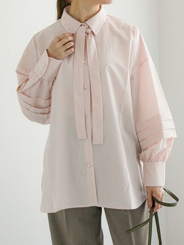 珍珠鈕釦領結造型長袖襯衫/上衣(FC37L0A1380) - Te chichi