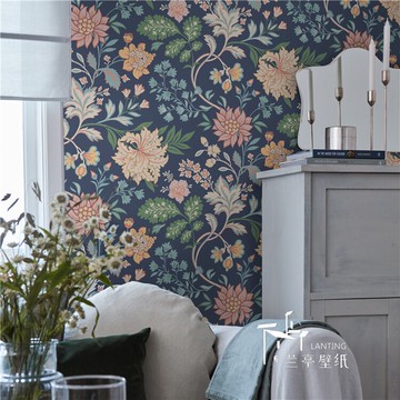 瑞典木纖維壁紙法爾斯特美式田園臥室墻紙大麗菊客廳書法墻布壁布