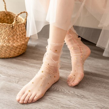 3雙裝仙女堆堆襪亮片星星月亮女襪女網眼鏤空甜美網紗襪時尚百搭夏季超薄