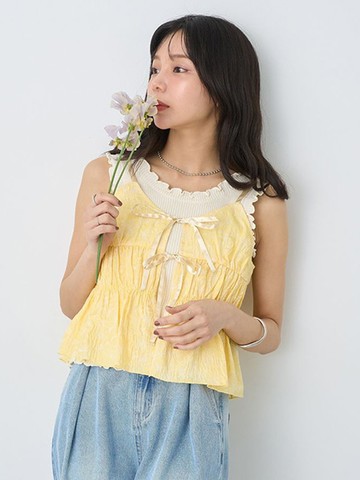 立體緹花雙緞帶分層式細肩背心(01000112200) - earth music&ecology