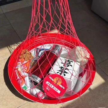 結婚喜盆手提網袋 喜慶紅色 嫁娶賀擔專用 小網眼鏤空設計 耐用透氣 多色可選 婚慶陪嫁臉盆收納網兜