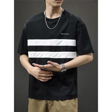 美式復古撞色條紋男士短袖t恤夏季薄款百搭上衣潮流痞帥休閑體恤