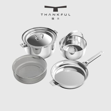 【THANKFUL 膳夫】鋼好鍋系列 - 24cm不鏽鋼煎鍋+24cm湯鍋組 (含共用鍋蓋) /316不鏽鋼/SGS認證/卡扣把手