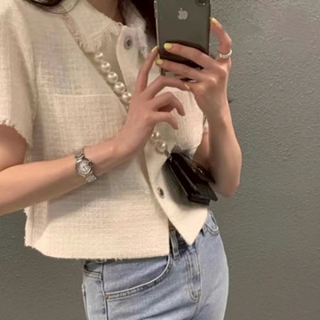 BBHONEY 韓風 chic法式翻領墊肩短款粗花呢小香外套