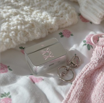 鏡面小方盒AirPods保護殻【亮淺粉紅絲帶蝴蝶結】