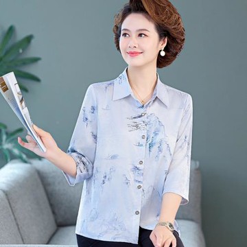 香云紗七分袖襯衫中老年桑蠶絲印花花襯衣媽媽裝夏裝上衣闊太太