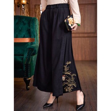 璽玥2025秋冬新款中國風刺繡女士羊毛呢子休閑百搭闊腿褲氣質褲子