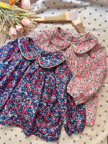 長袖上衣/短袖手作衣復古圓領荷葉花領英國布料Liberty 純棉親