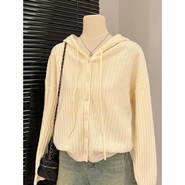 秋冬氛圍感穿搭連帽抽繩長袖針織開衫女寬松獨特別致絕美上衣外套