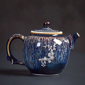 陶福氣 手工鑲銀曜變藍拉絲茶壺 家用拉絲星空盞創意茶壺側把壺