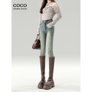 美式懷舊藍加絨小腳牛仔褲女2024秋冬新款高腰雙扣彈力加厚鉛筆褲