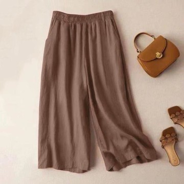 大碼棉麻媽媽闊腿褲夏薄款高腰中老年七分大腳寬腿褲松緊腰休閑褲