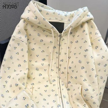 🌷台灣出貨🌷甜美復古碎花連帽衛衣外套女春秋新款學院風寬鬆百搭薄款長袖開衫 衛衣 美式復古衛衣 女生衛衣 衛衣女 大學